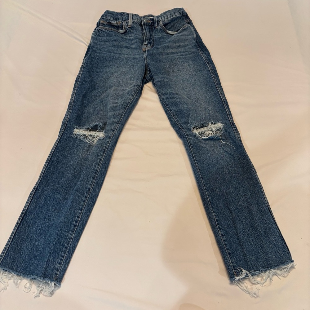 Good American Blue Distressed Straight Leg Jeans